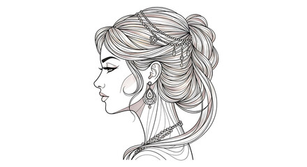 Fototapeta premium Elegant woman profile line art illustration with ornate braided hairstyle and jewelry
