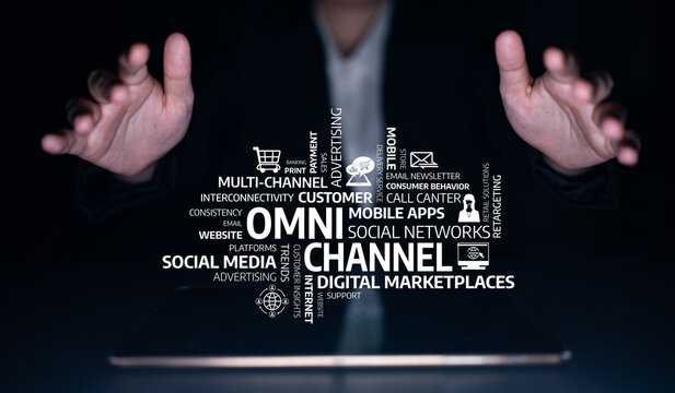 Hands emerge from a screen, illustrating the concept of Omni Channel strategy. The image includes various marketing terms emphasizing connectivity and consumer engagement. Tessel