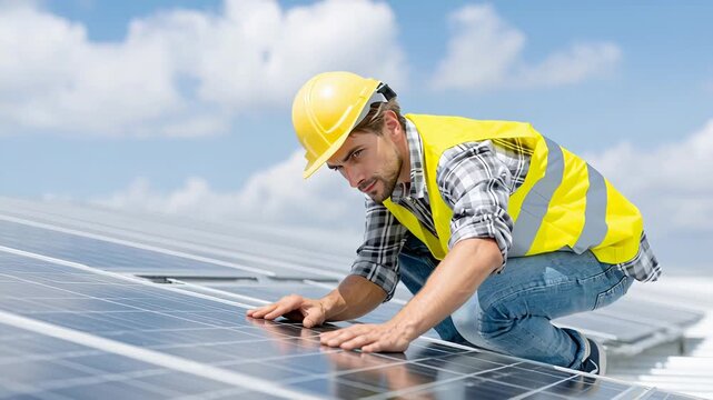Engineer inspecting solar panels on rooftop in sustainable energy initiative