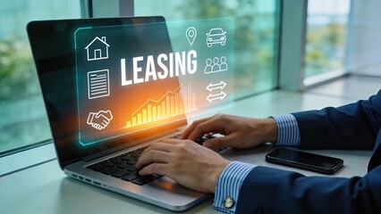 Fototapeta premium Leasing concept on laptop screen with icons, rental agreement, car and house finance, business contract and growth chart