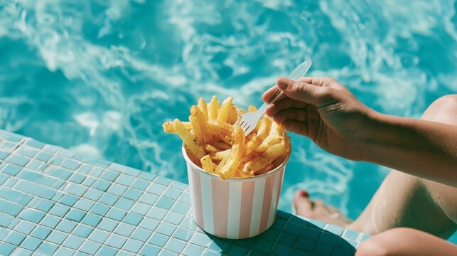 classic serving of poolside fries in a paper cup at the edge of the pool, with someone reaching for them with a typical small plastic fork