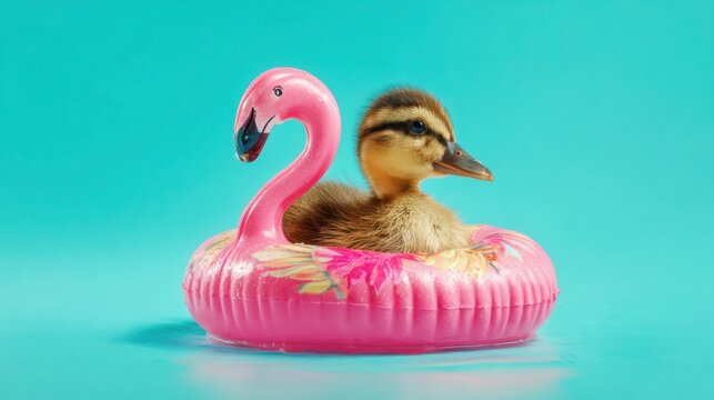 Adorable duckling sitting inside miniature pink flamingo pool float, turquoise background, playful summer vacation concept, vibrant contrasting