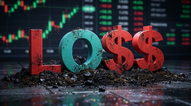 Financial Currency Loss Concept with 3D Dollar Sign Text on Soil and Stock Market Trading Chart Background
