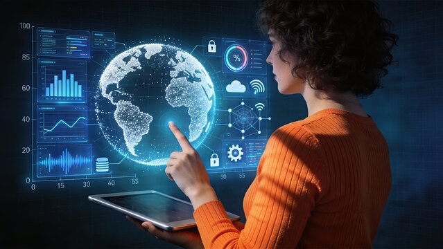 Woman analyzing global data on futuristic holographic interface, digital earth globe visualization, big data analytics and cloud computing concept, network connection and