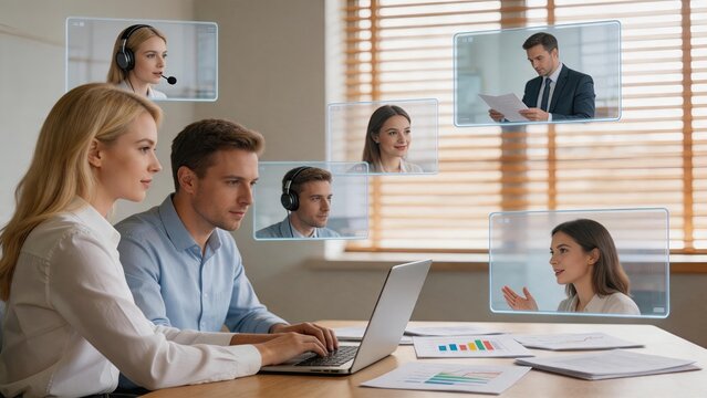 Business team attending virtual video conference with holographic displays, remote work collaboration concept, online meeting with colleagues in floating screens, modern office