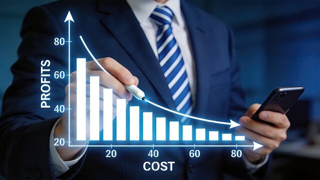 Financial analyst reducing costs and increasing profits chart, business strategy for economic growth, investment management, and financial planning with decreasing cost curve and