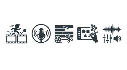 Obraz premium Black icons for multimedia and recording.