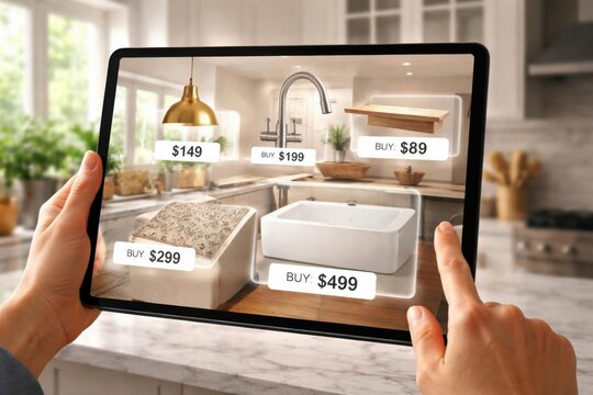 Tableta que muestra productos virtuales para mejoras del hogar sobre un entorno real, concepto de innovaci&oacute;n en el comercio electr&oacute;nico