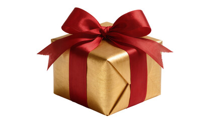 Fototapeta premium Isolated elegant golden gift box wrapped with a vibrant red ribbon and festive bow