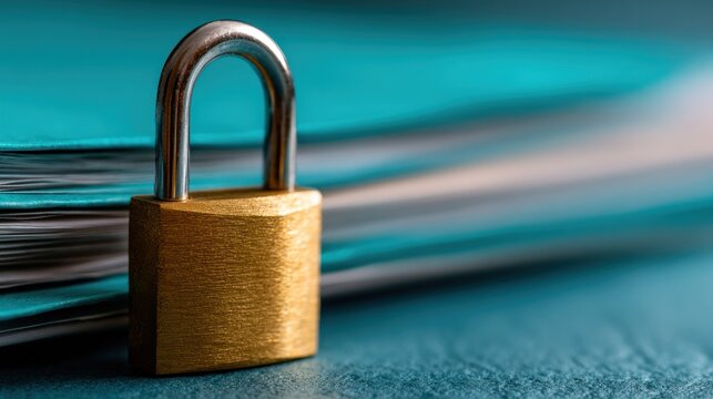 Small metallic padlock secures a stack of documents or binders with a vibrant teal background