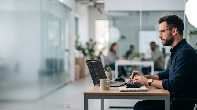 Male software developer technology expert coding on laptop for stock image with multiple screens