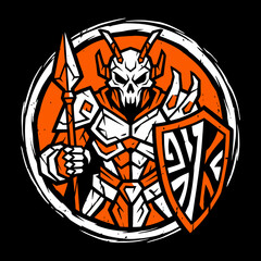 Obraz premium Fierce horned skull warrior in armor holds spear and shield