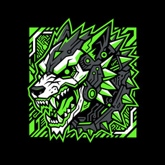 Obraz premium Aggressive cybernetic wolf head illustration in neon green