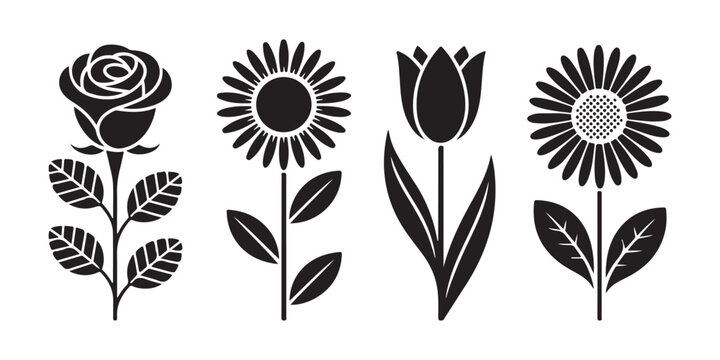 Flower silhouette collection including rose sunflower and tulip stems with leaves botanical icons.