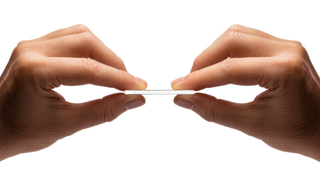 Isolated hands holding a very thin clear sheet of glass or acrylic demonstrating slim profile