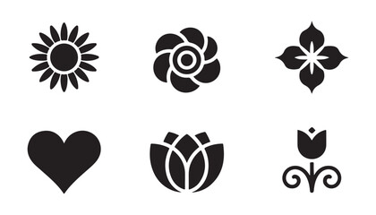 Fototapeta premium Black floral vector icons set featuring sun flower geometric rose clover heart and lotus shapes.