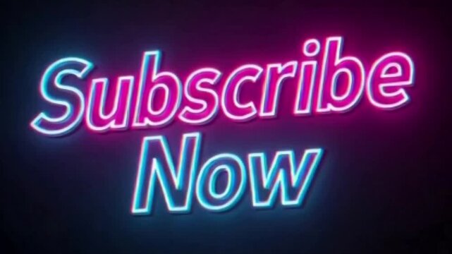 A vibrant neon sign displaying the words 'Subscribe Now' in glowing pink and blue letters against a dark background, perfect for calls to action.