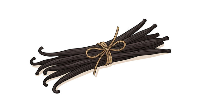 Dried aromatic vanilla bean vector bundle tied with twine