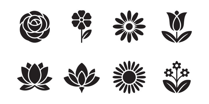 Minimalist black flower icons set featuring rose lotus daisy and tulip shapes on transparent mesh.