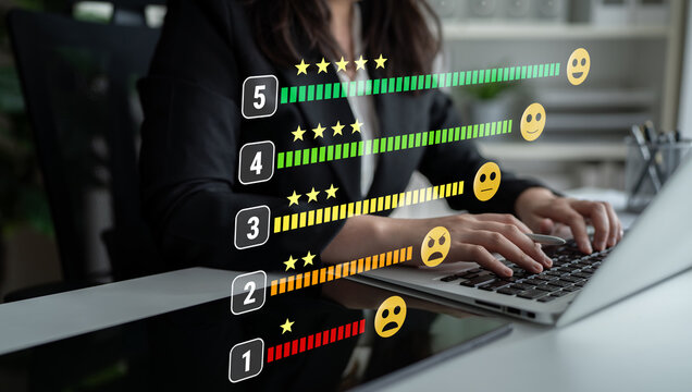 A customer satisfaction feedback and five star rating system. A concept for service review, product evaluation, and measuring user experience. Motif
