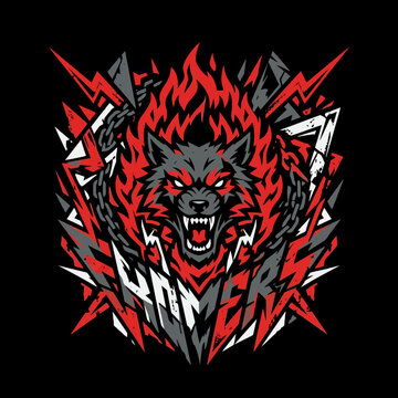 Aggressive wolf illustration with fiery elements and sharp shapes