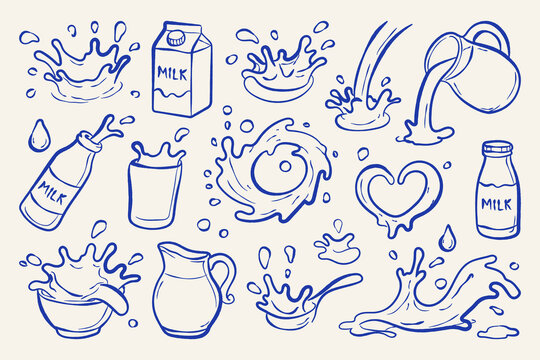 Hand drawn milk splash collection with bottle, carton, jug and glass. Doodle dairy set featuring liquid splash, drop and swirl elements in outline vector style.