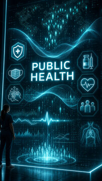 A healthcare worker views a glowing digital public health dashboard with world map, medical icons, data waves, and population analytics.