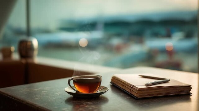 Warm tea and a notebook create a peaceful atmosphere in an airport lounge, perfect for reflection or planning. Soft natural light enhances the tranquil, travel inspired mood of the moment