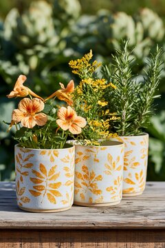 Closeup of three cream stoneware pots with hand-stamped floral designs, filled with vibrant flowers and greenery, placed on a wooden surface outdoors
