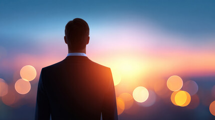 Fototapeta premium Back view business man suit silhouette sunset cityscape bokeh horizon