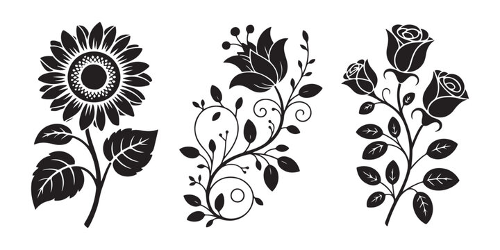Elegant sunflower and rose floral branch silhouettes for decorative botanical vector composition.