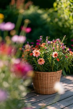 View through softly blurred wildflower stems in the foreground, showcasing a vibrant flower pot filled with colorful blooms on a wooden deck