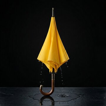 Yellow umbrella standing alone on wet surface with raindrops