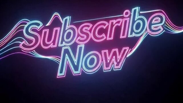 Vibrant neon 'Subscribe Now' text with glowing pink and blue wavy lines on a dark background, a digital call to action.