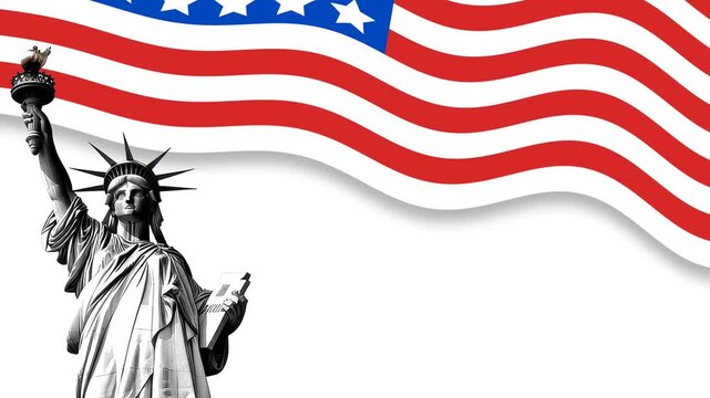 American Patriotism Iconic Statue of Liberty and Waving Flag Background for National Holidays.