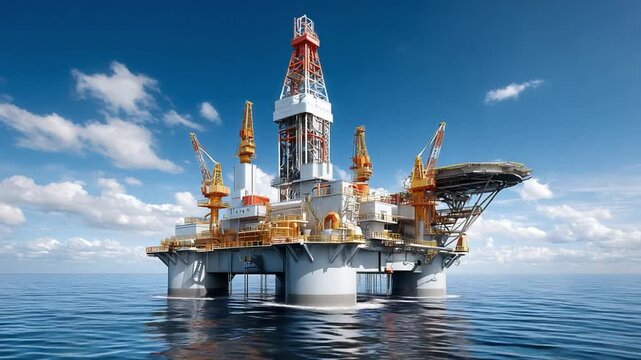 Offshore Oil Rig Platform: A colossal offshore oil rig platform stands tall in the vast blue ocean under a clear sky, symbolizing industrial might and energy extraction.