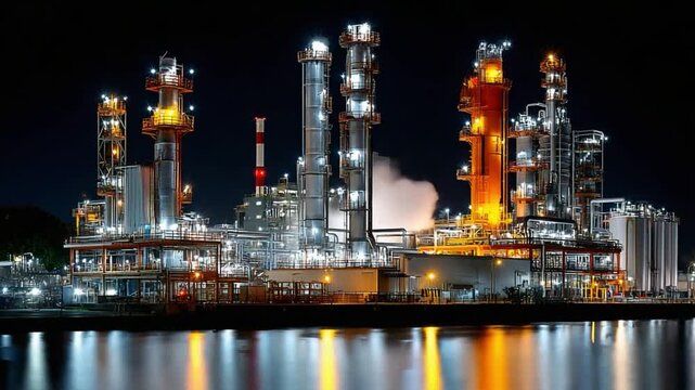 Industrial Nightscape: A vast industrial complex illuminated against the night sky, showcasing towering structures, glowing lights, and reflections on the water, symbolizing progress and power.