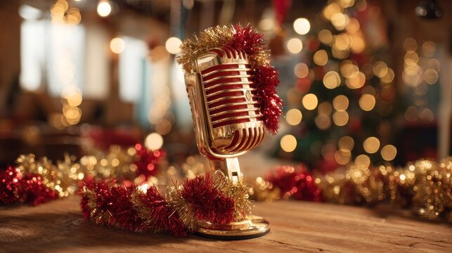 Retro style microphone adorned with festive metallic garland sits on a wooden surface near holiday lights