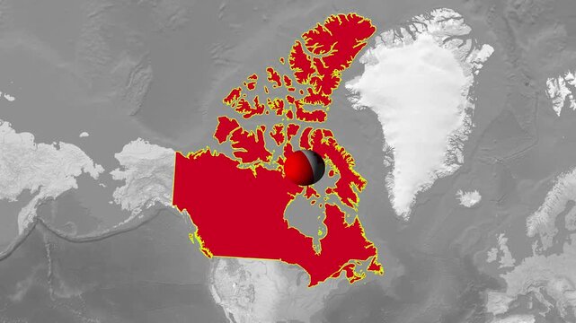 3D map animation of Canada with rotating national flag sphere on textured background