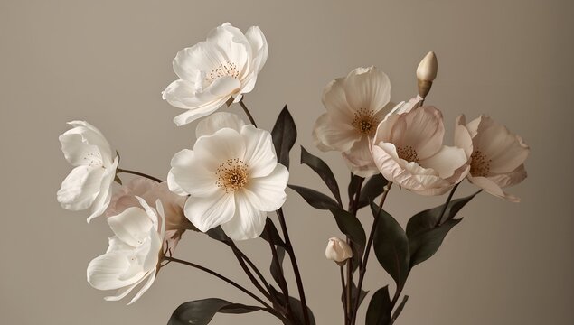 Delicate white and blush pink blossoms, artfully crafted and arranged on dark stems. Each petal is intricately detailed, exuding a soft, ethereal beauty.