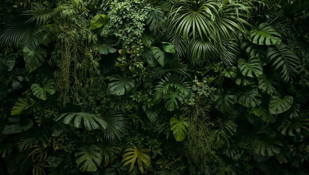 A dense vertical garden overflowing with lush green foliage. Diverse plant species create a vibrant tapestry of textures and shades, evoking a sense of natural abundance
