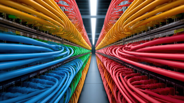 Server rack cable network cable data center ethernet switch cable bundle fiber optic wired connection technology corridor colorful cable network equipment