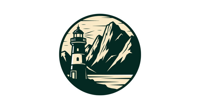 A serene illustrative emblem depicting a steadfast lighthouse standing proudly amidst rugged mountains overlooking the tranquil sea, symbolizing guidance, exploration, and natural beauty