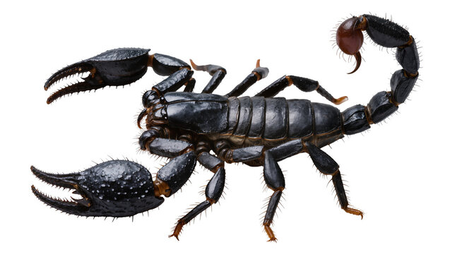 Isolated highly detailed black forest scorpion with powerful pincers and venomous tail