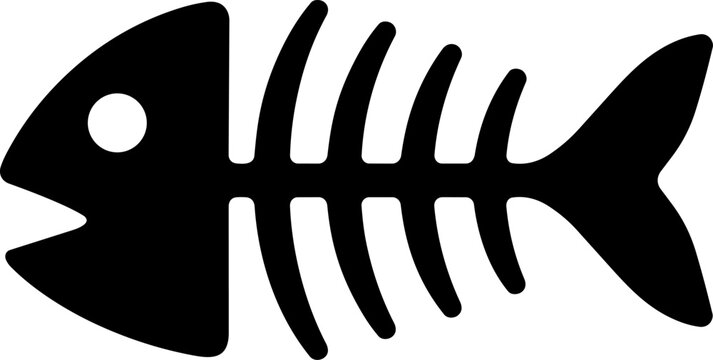 Black fish skeleton silhouette icon with head, ribs, spine, tail fin, bold seafood bone shape, and clean cutout details, isolated on white background.