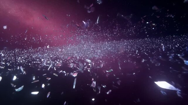 Tracking shot of glass shards exploding and dispersing into cosmic purple space background with floating reflective fragments and nebula haze
