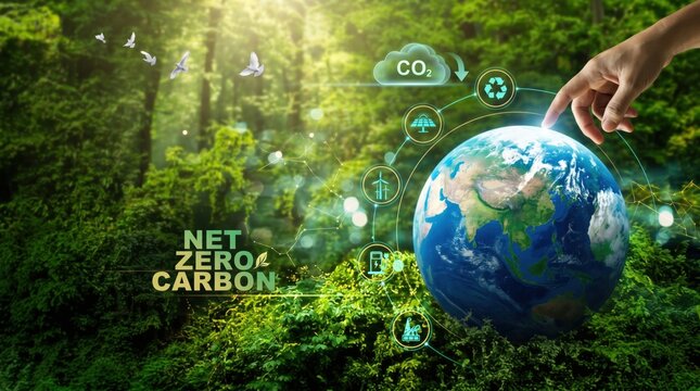 Net zero carbon concept with hand touching globe surrounded by green forest nature, renewable energy icons for solar wind power