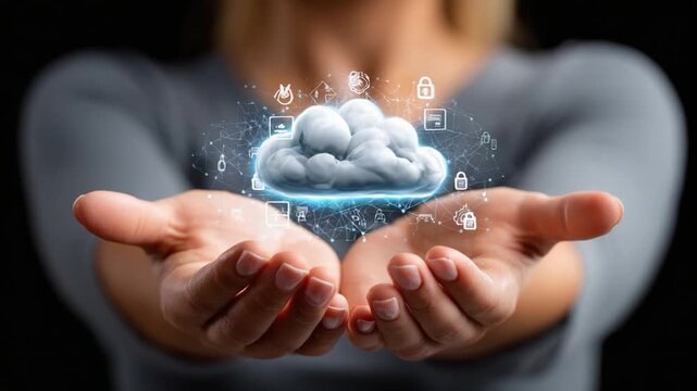 Cloud Computing Concept: A person's cupped hands tenderly hold a glowing digital cloud icon, symbolizing the accessibility and vast possibilities of cloud technology and data storage.