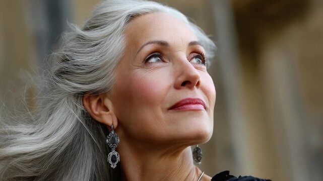 Elegant Senior Woman with Silver Hair: A distinguished senior woman with flowing silver hair and a thoughtful gaze looks upward, exuding grace and wisdom in an outdoor setting.