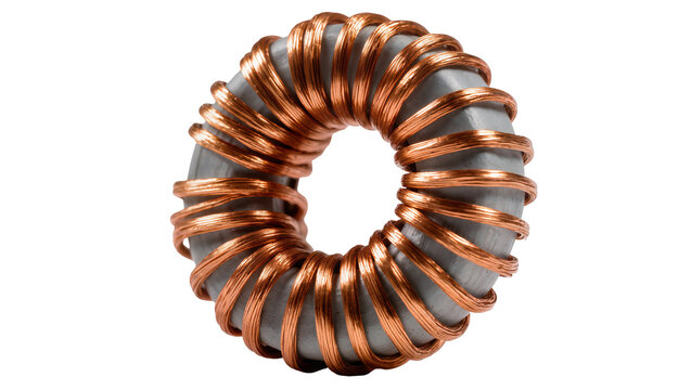 Isolated high-frequency toroidal core inductor, copper wire coiled around gray ferrite core.